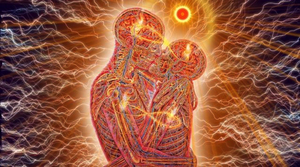 Masculine and Feminine Energy Beings Embracing with a Kiss and Heart Connection