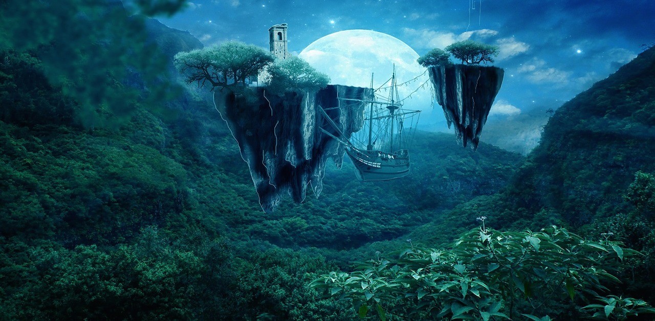 Ship Floating Through Mountains in a Moonlight Night Sky