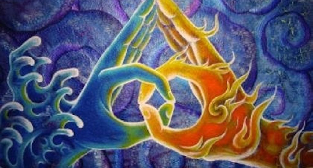 Blue Left Hand and Red Right Hand Joined by Mudra Shape