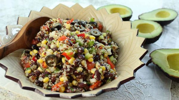 Incan Quinoa Salad Recipe with Corn, Tomatoes, Olives, Beans and Avocado
