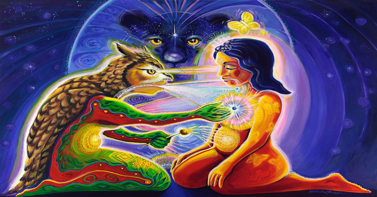 Psychedelic Art with Jaguar and Owl Shaman Healing a Woman