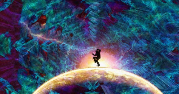 Abstract Art of a Person Dancing on a Glowing Sphere Surrounded by Fractals of Light