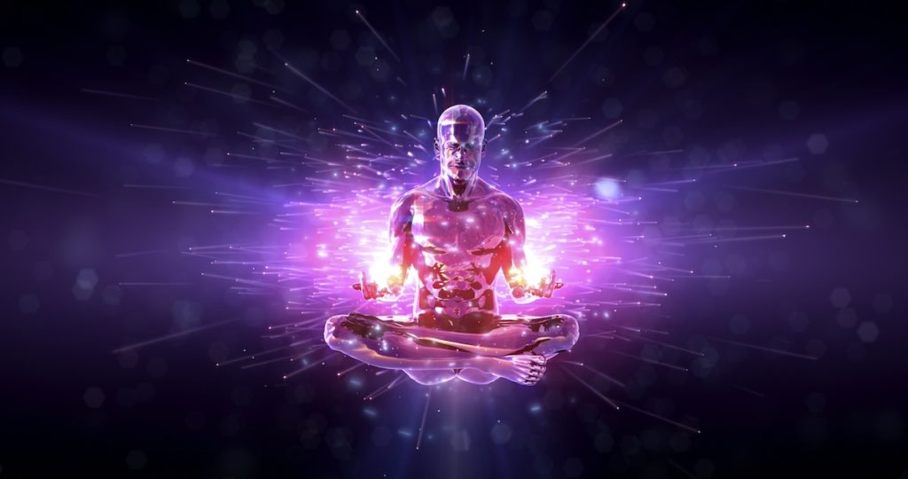 Levitating and Meditating Human Figure with Energy Hands