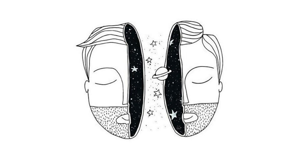 Abstract Art of Bearded Face Split in Half with Saturn and Stars Inside