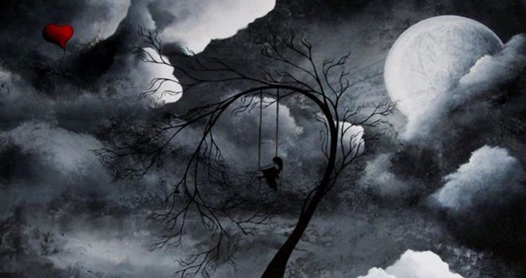 Art of Red Heart Balloon Flying Amongst Black and White Clouds and a Girl Swinging from a Tree