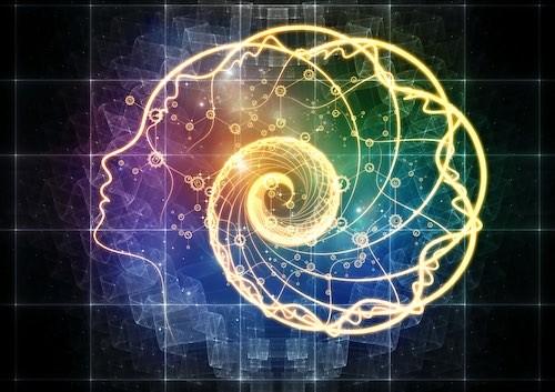 Mind Expansion Out of Your Mind Science series. Design made of spiral of human silhouette face line and abstract elements on the subject of consciousness, the mind, artificial intelligence and technology