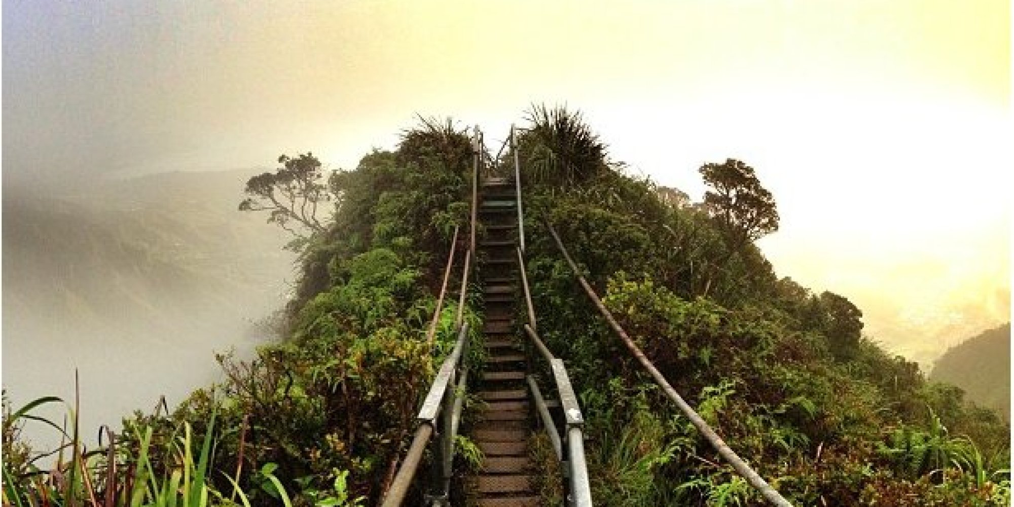 Jungle Stairs Overlooking Mountains and Sunset